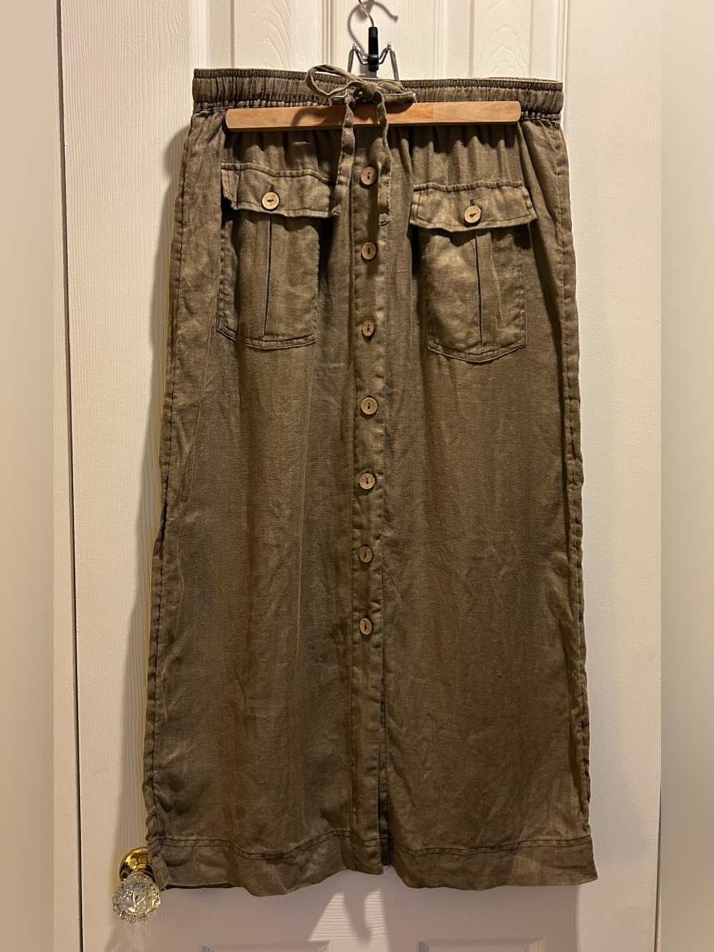 Nicole Miller New York 100% linen Button-Front Olive Green Midi Skirt - medium
